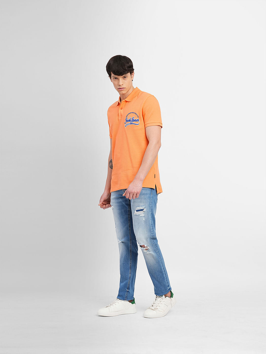 Orange Embroidered Print Polo T-shirt