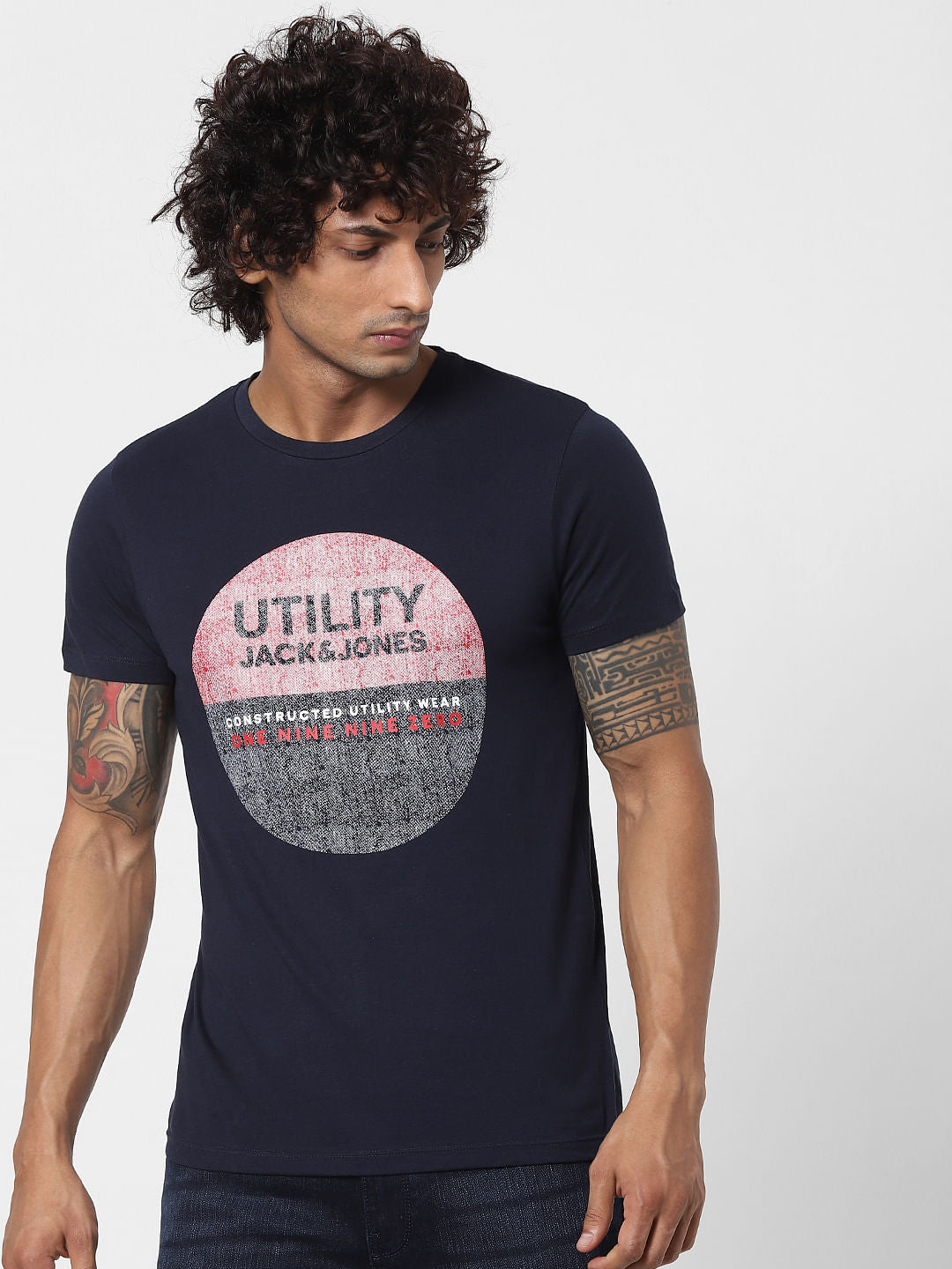 Navy Blue Logo Print Crew Neck T-shirt - S