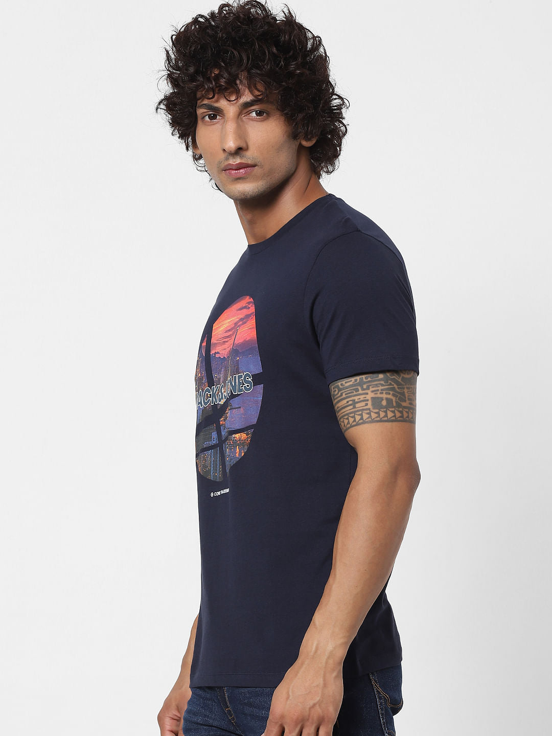 Navy Blue Graphic Logo Print Crew Neck T-shirt - S
