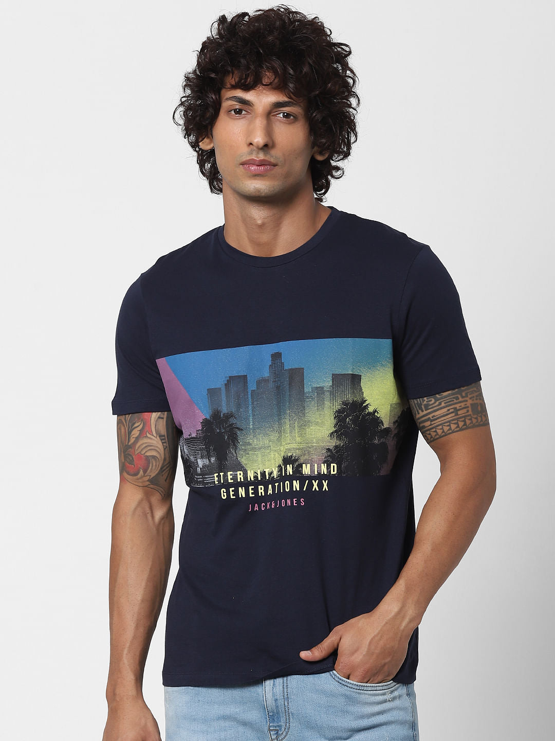 Blue Graphic Print Crew Neck T-shirt