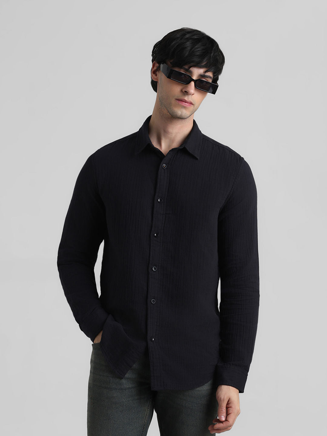 Black Crinkle Weave Shirt