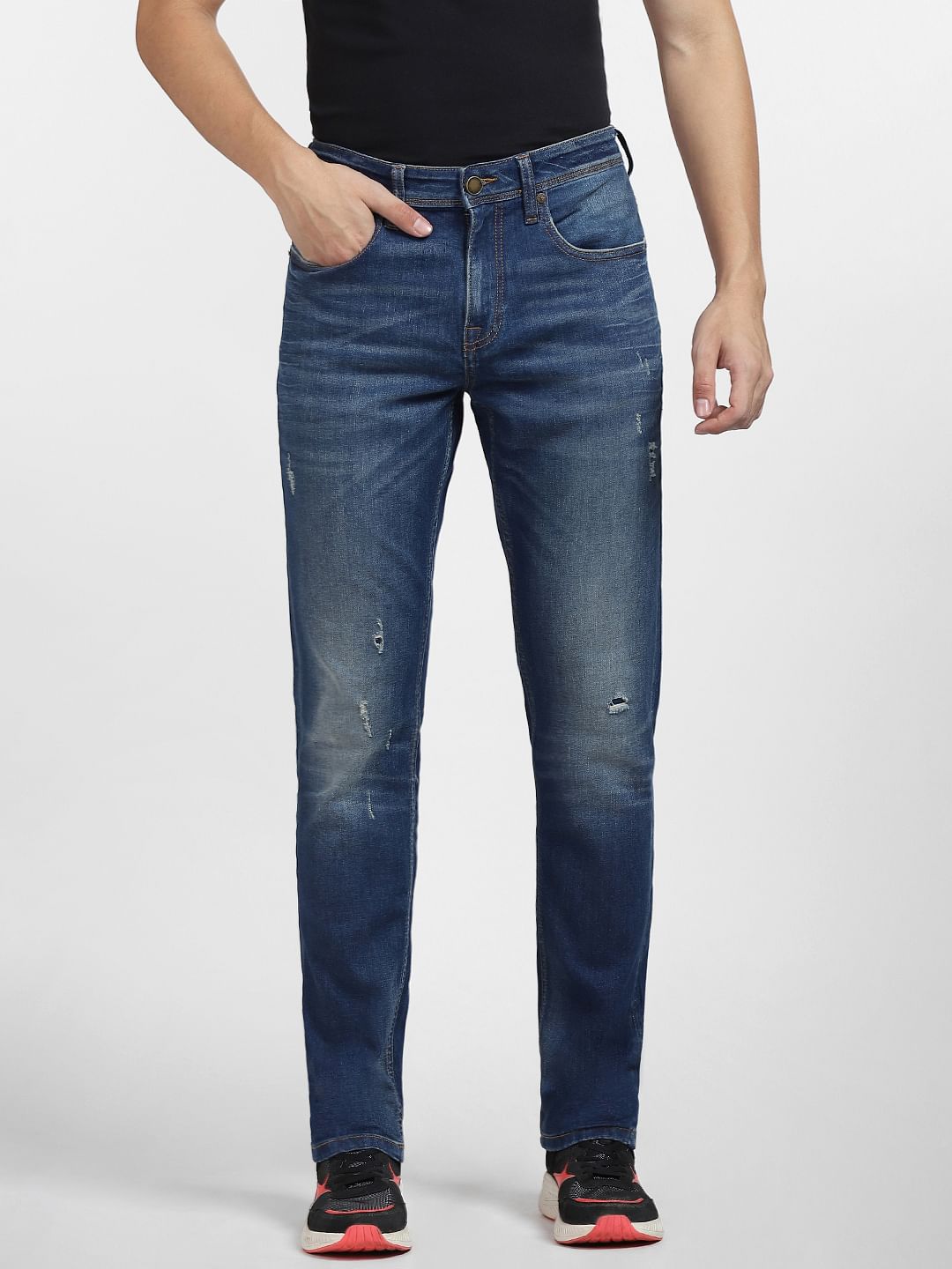 Blue Low Rise Distressed Glenn Slim Fit Jeans
