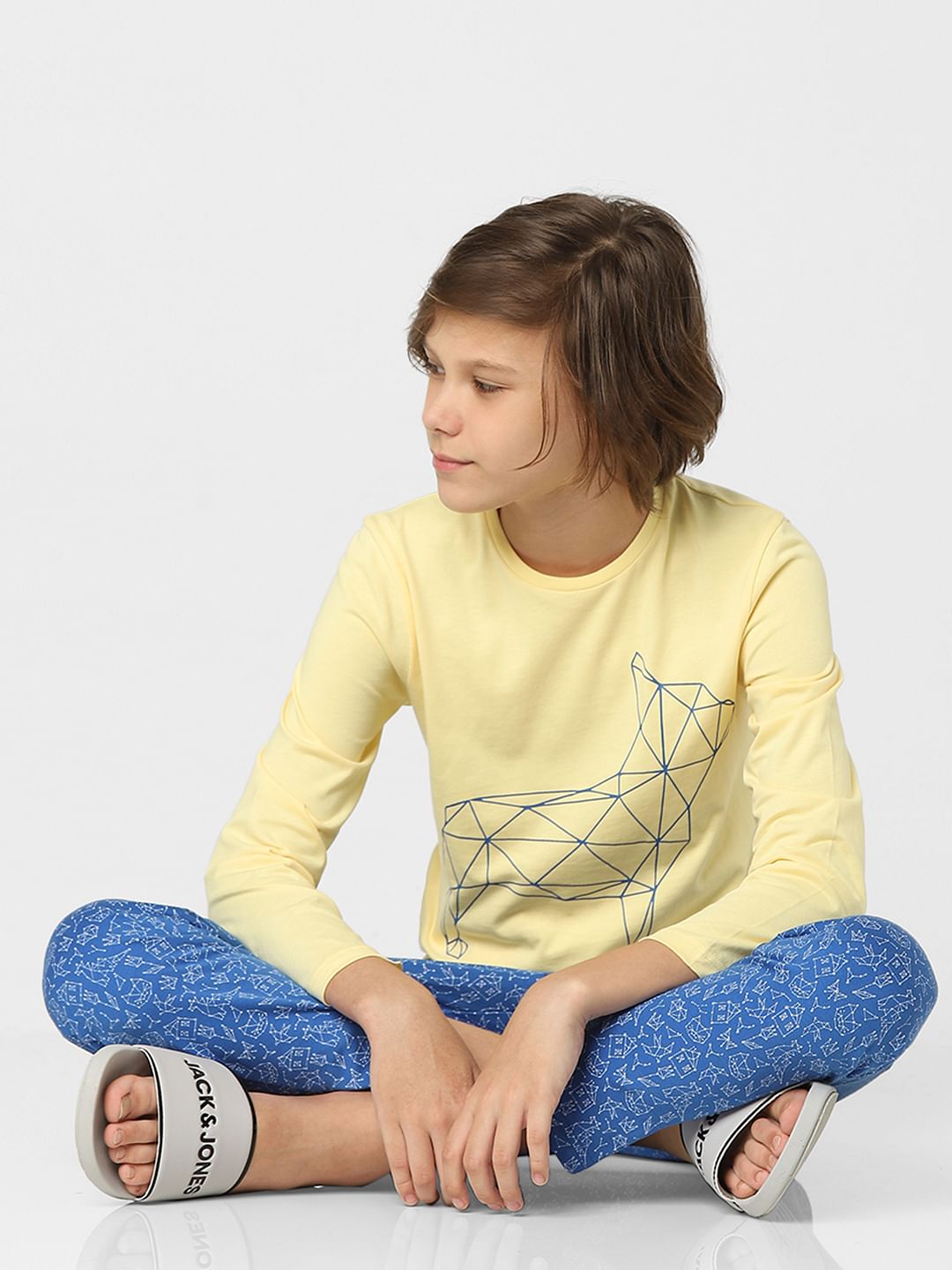 Boys Yellow Printed T-shirts & Pyjama Night Suit Set - 4/5Y