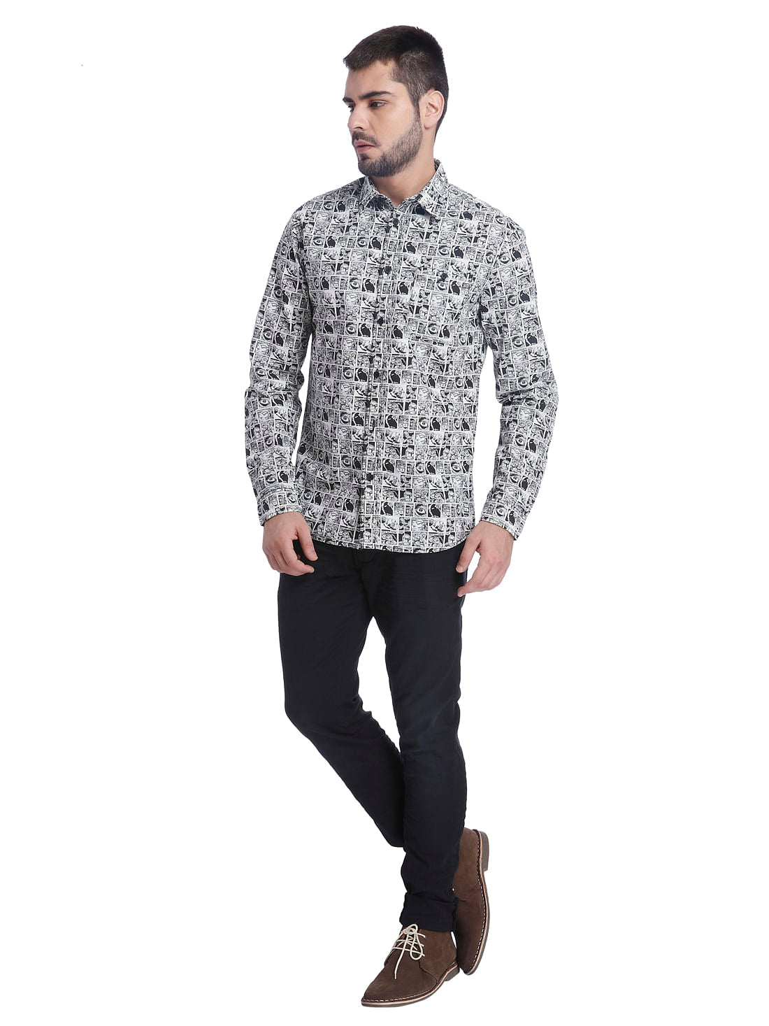 All-Over Print White Casual Shirt