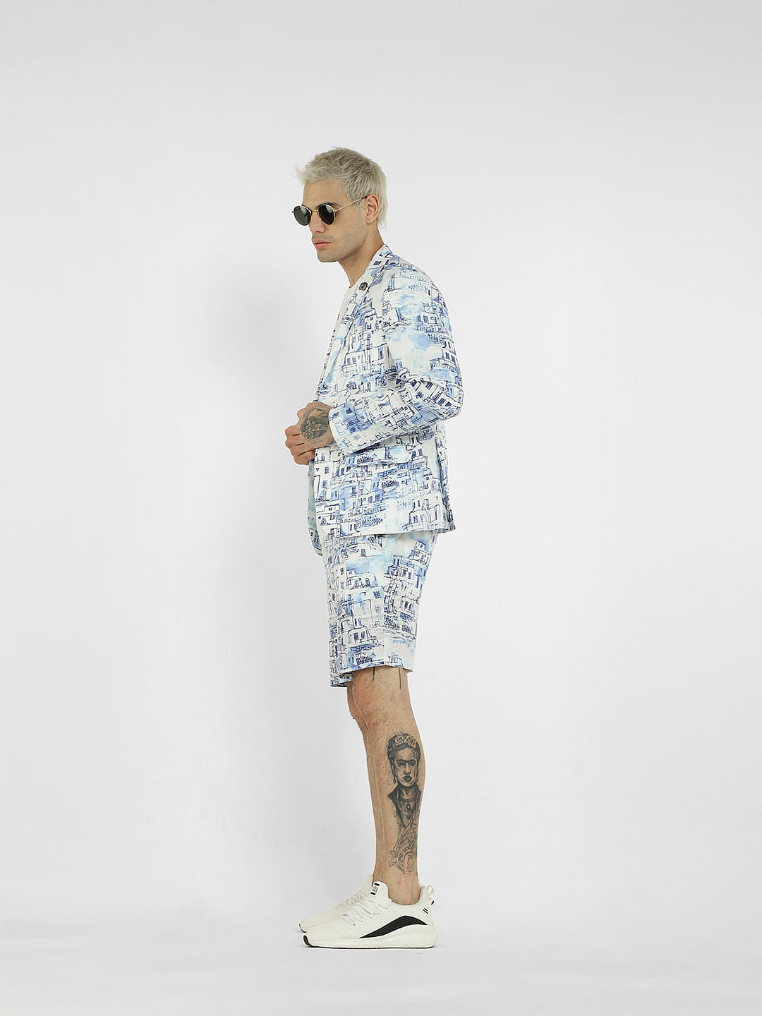 White Printed Linen Blazer - 46