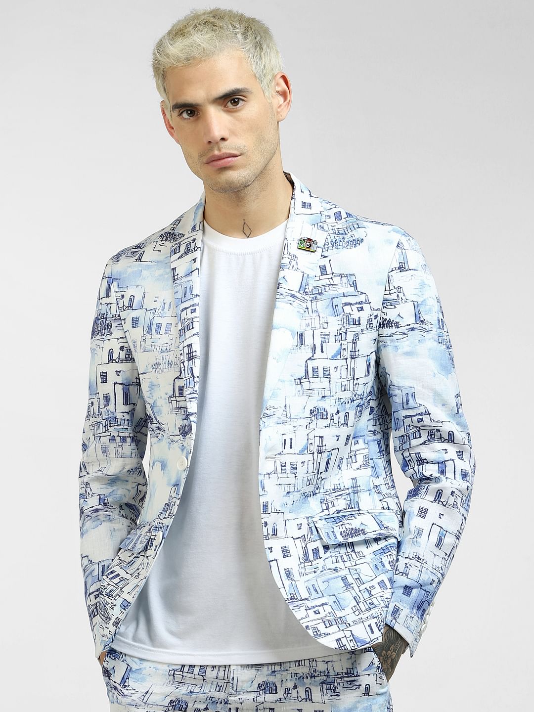 White Printed Linen Blazer