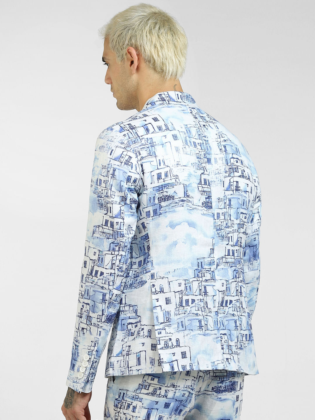 White Printed Linen Blazer