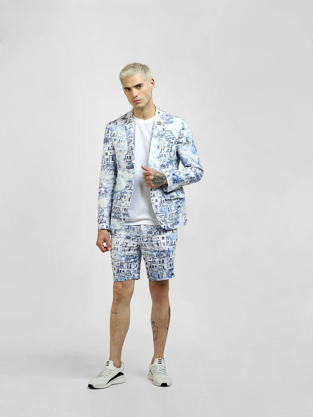 White Printed Linen Blazer