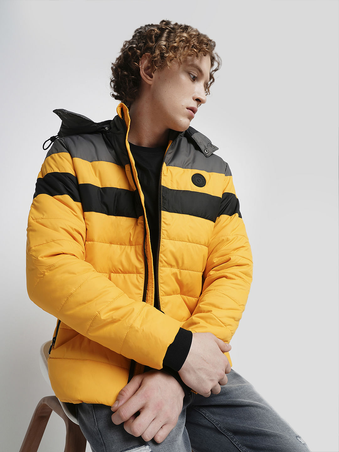 PRODUKT by JACK&JONES Yellow Colourblocked Hooded Puffer Jacket - S