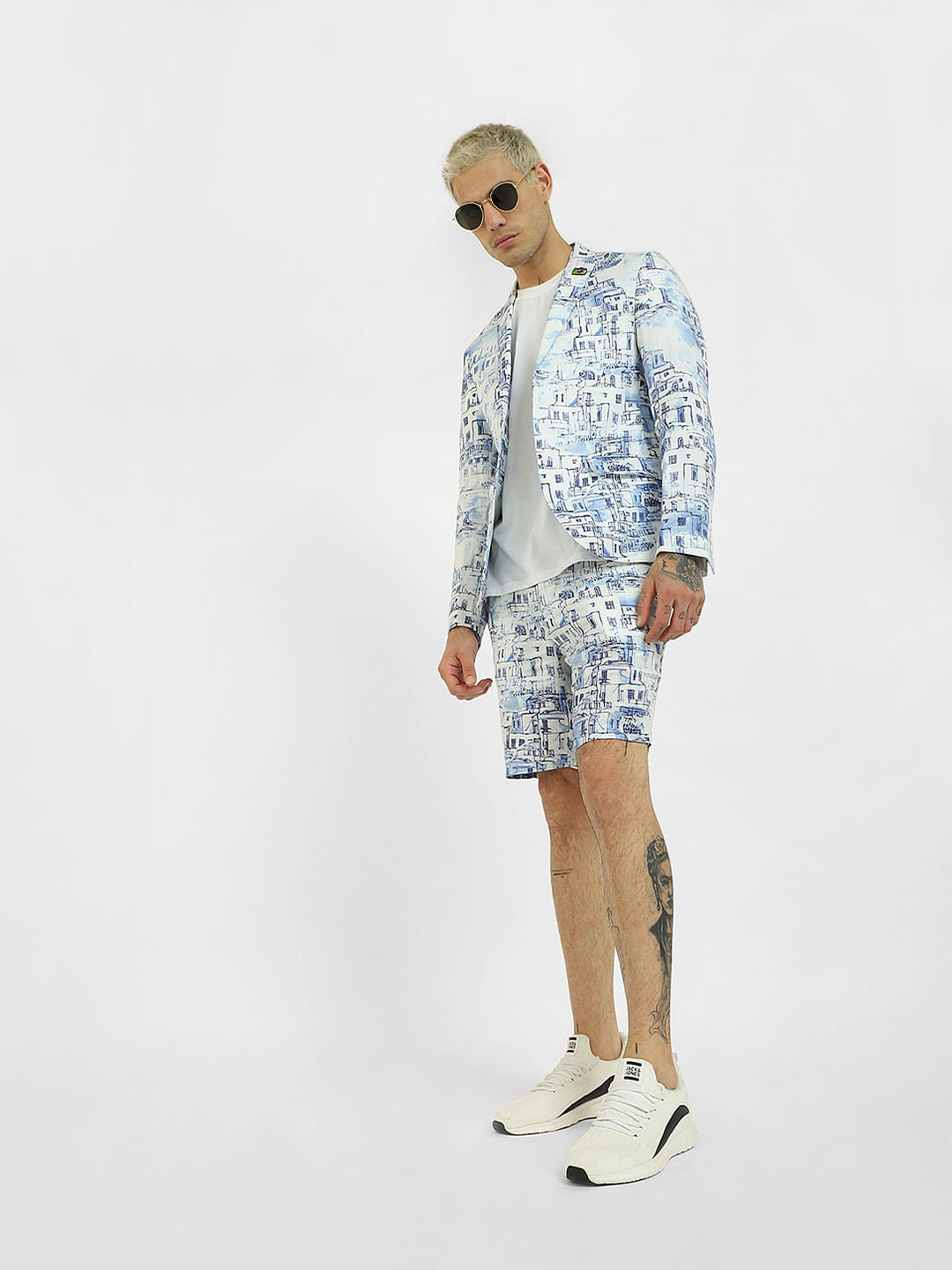 White Printed Linen Shorts