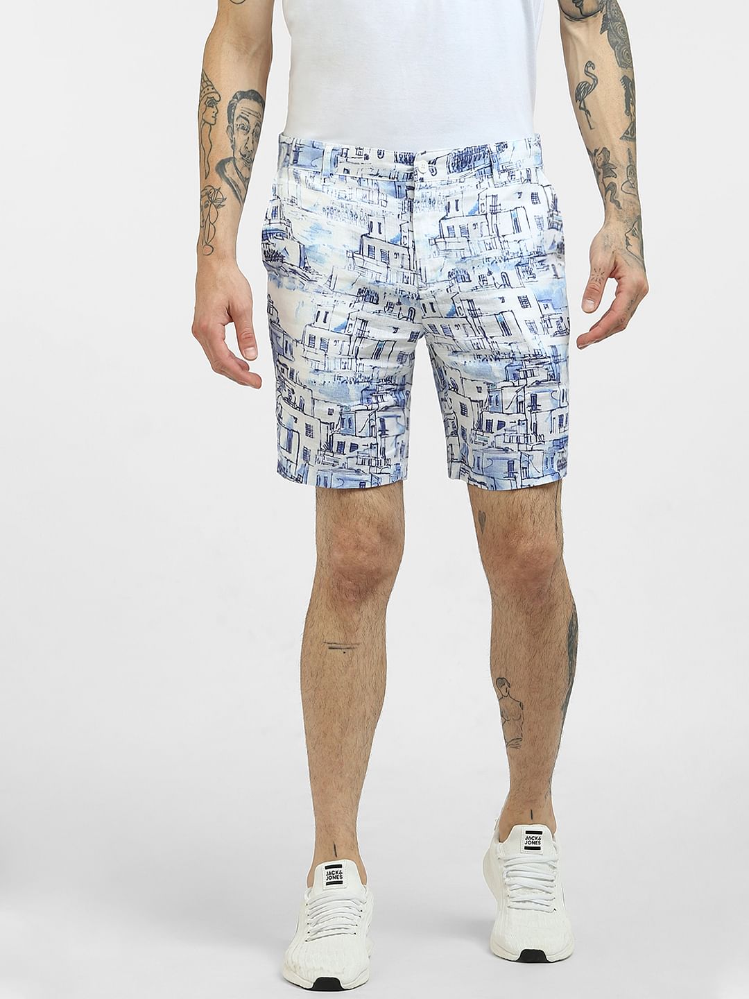 White Printed Linen Shorts