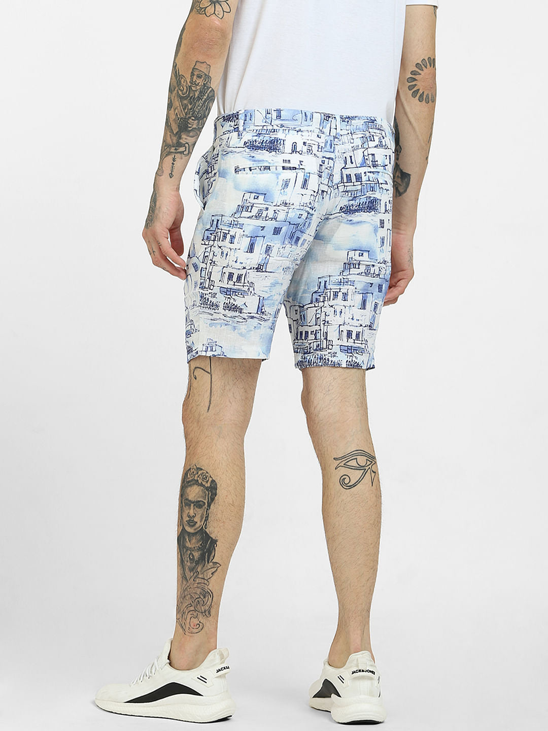 White Printed Linen Shorts
