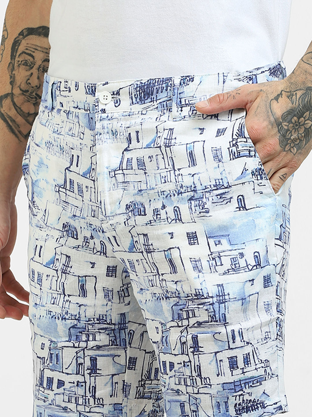 White Printed Linen Shorts