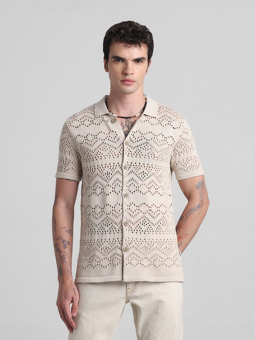 Beige Jacquard Cotton Polo T-shirt - M