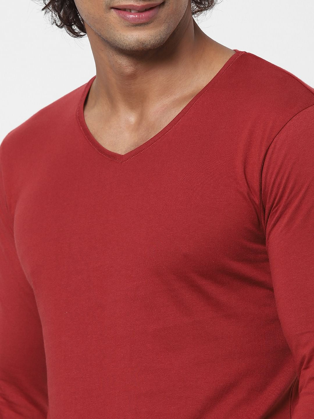 Red V Neck Full Sleeves T-shirt