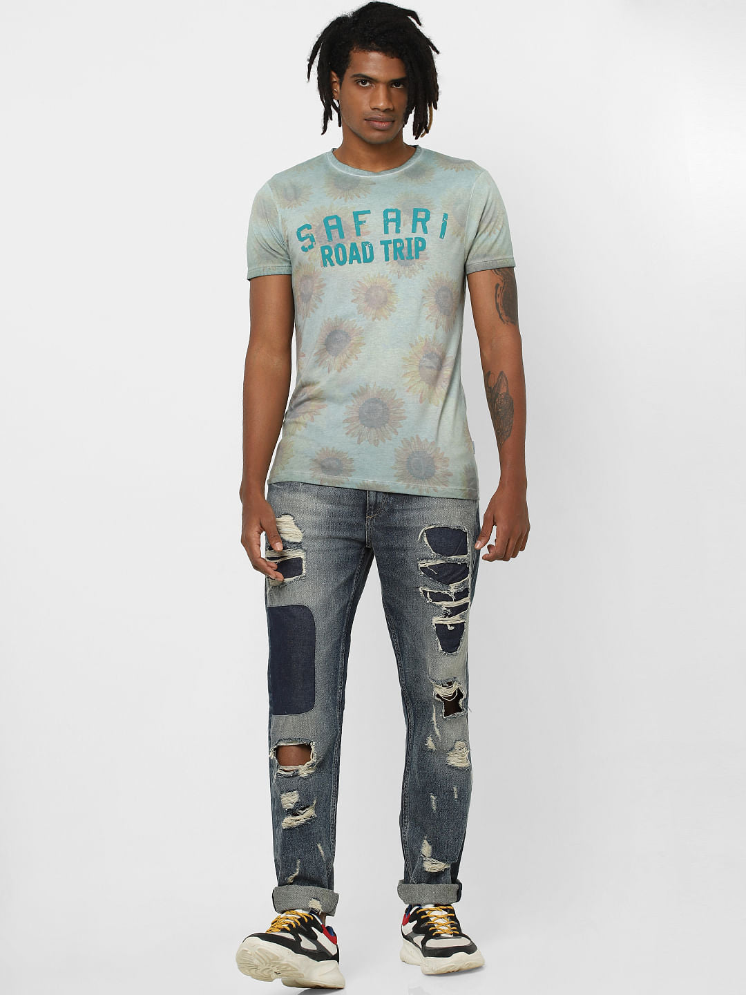Green Floral Text Print Crew Neck T-Shirt - S