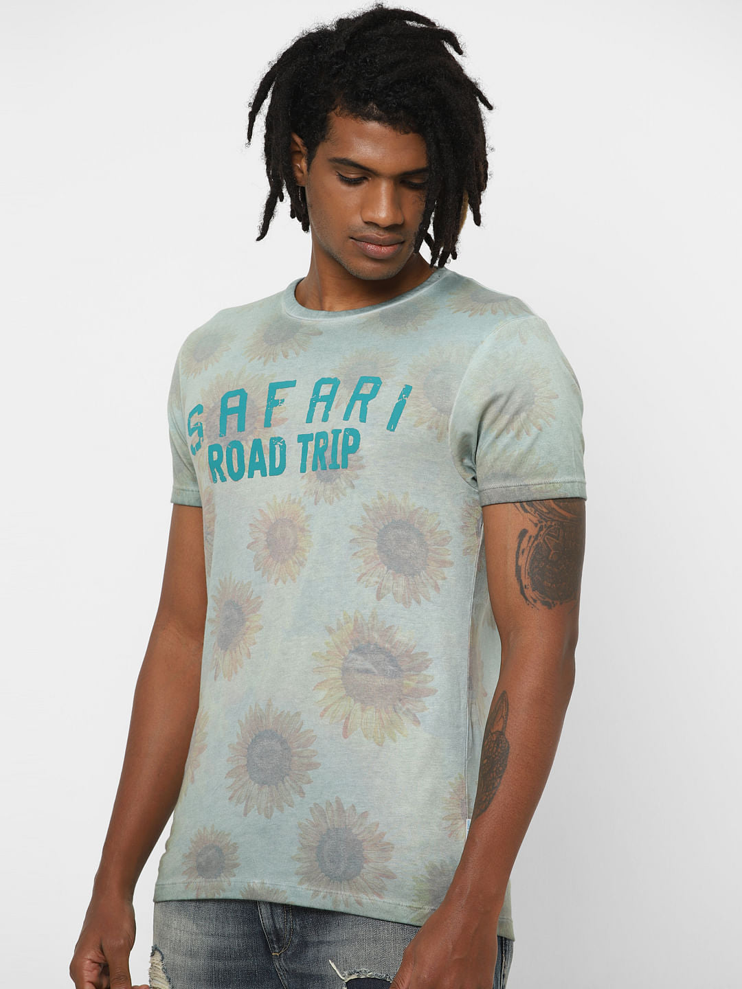 Green Floral Text Print Crew Neck T-Shirt