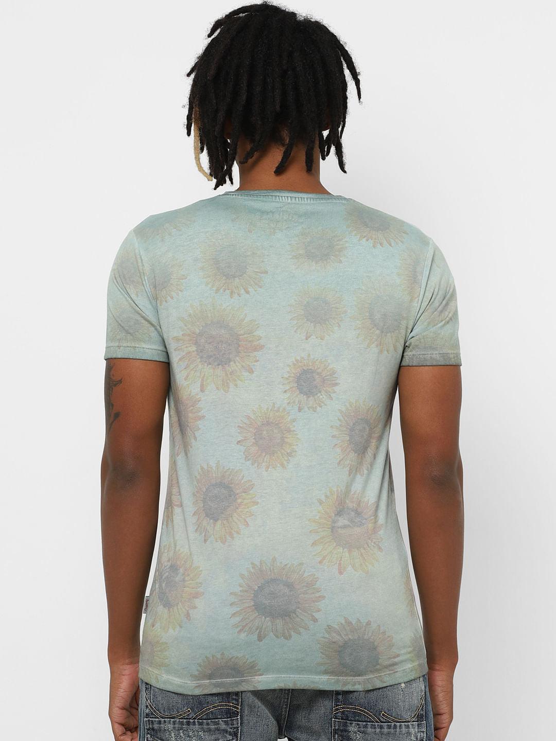 Green Floral Text Print Crew Neck T-Shirt