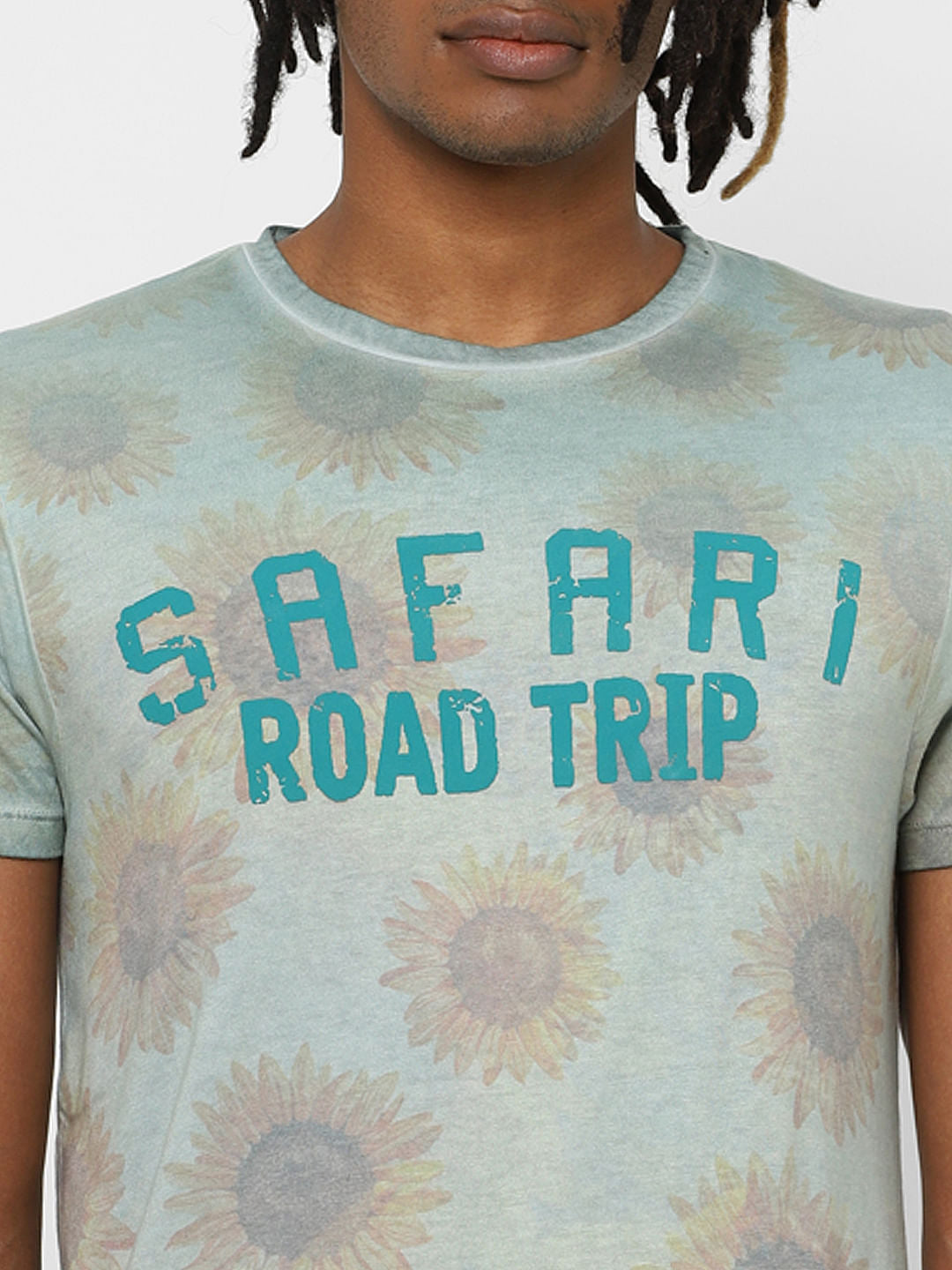 Green Floral Text Print Crew Neck T-Shirt