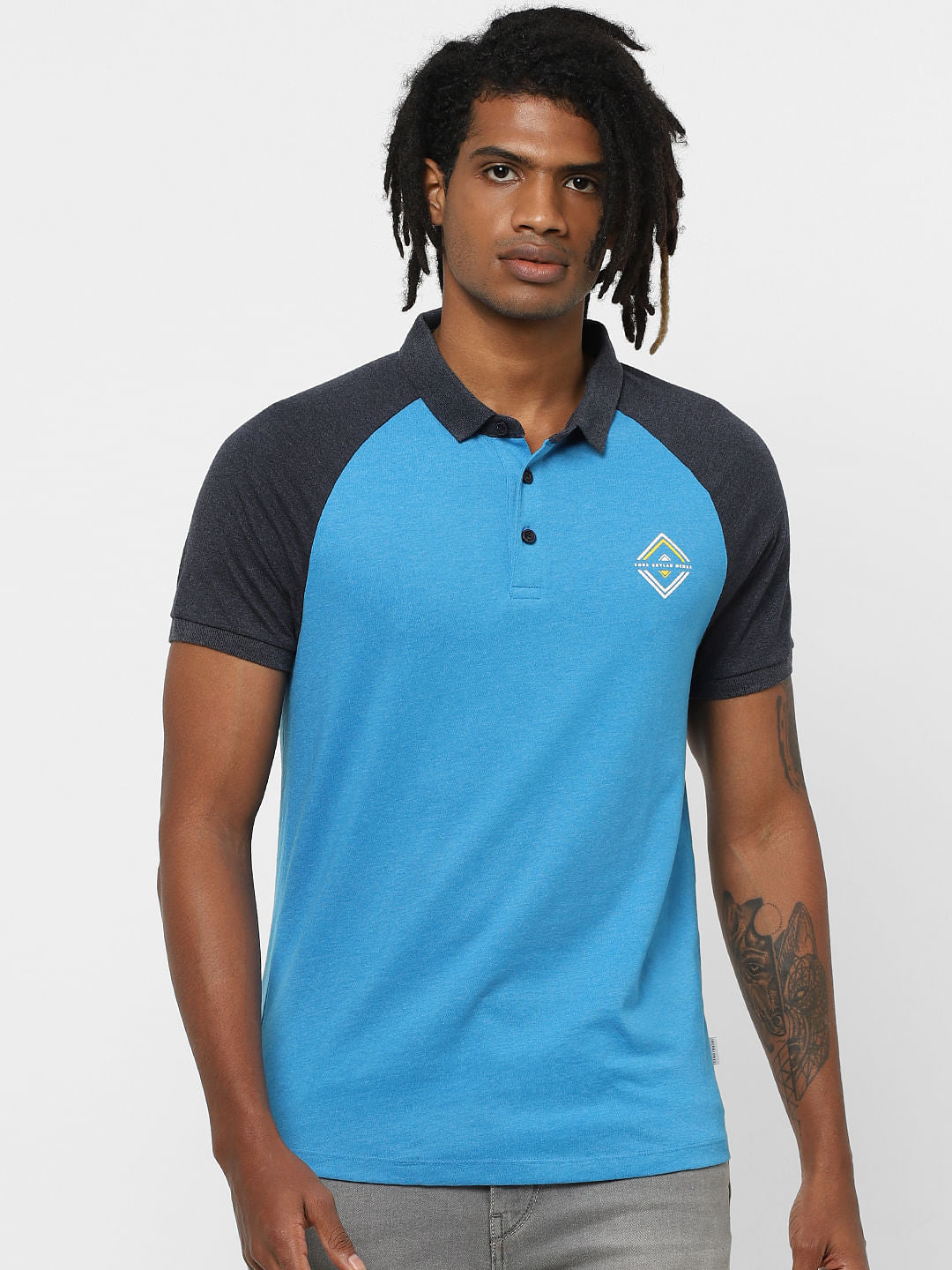 Blue Colourblocked Polo Neck T-Shirt