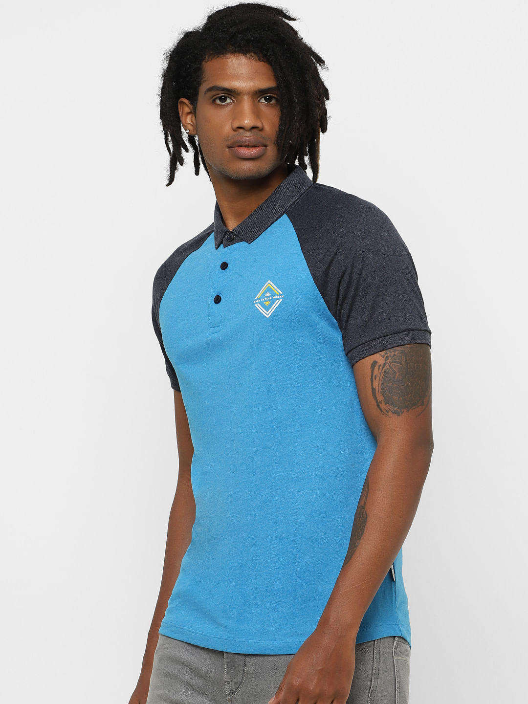 Blue Colourblocked Polo Neck T-Shirt