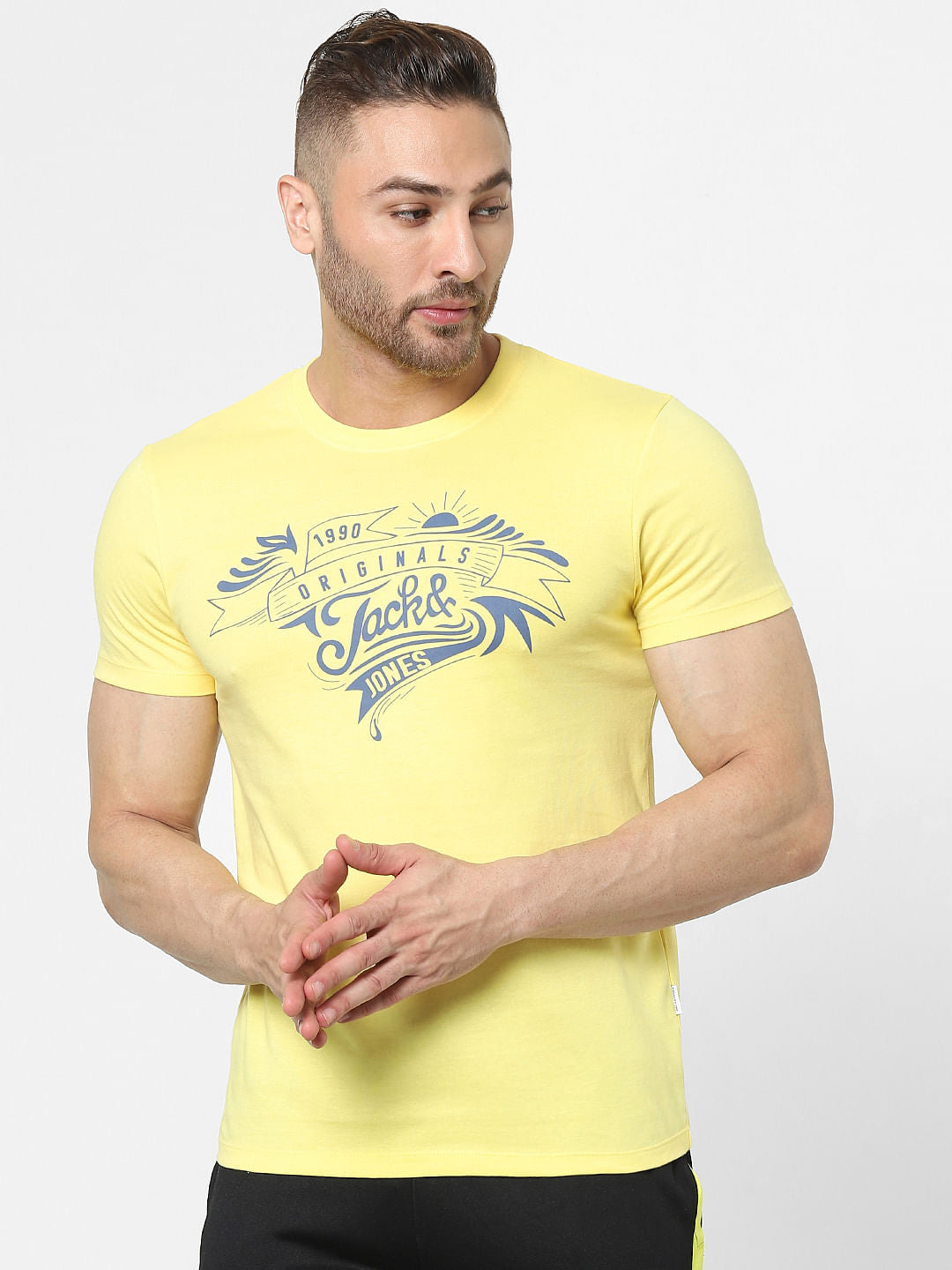 Yellow Logo Print Crew Neck T-shirt - S