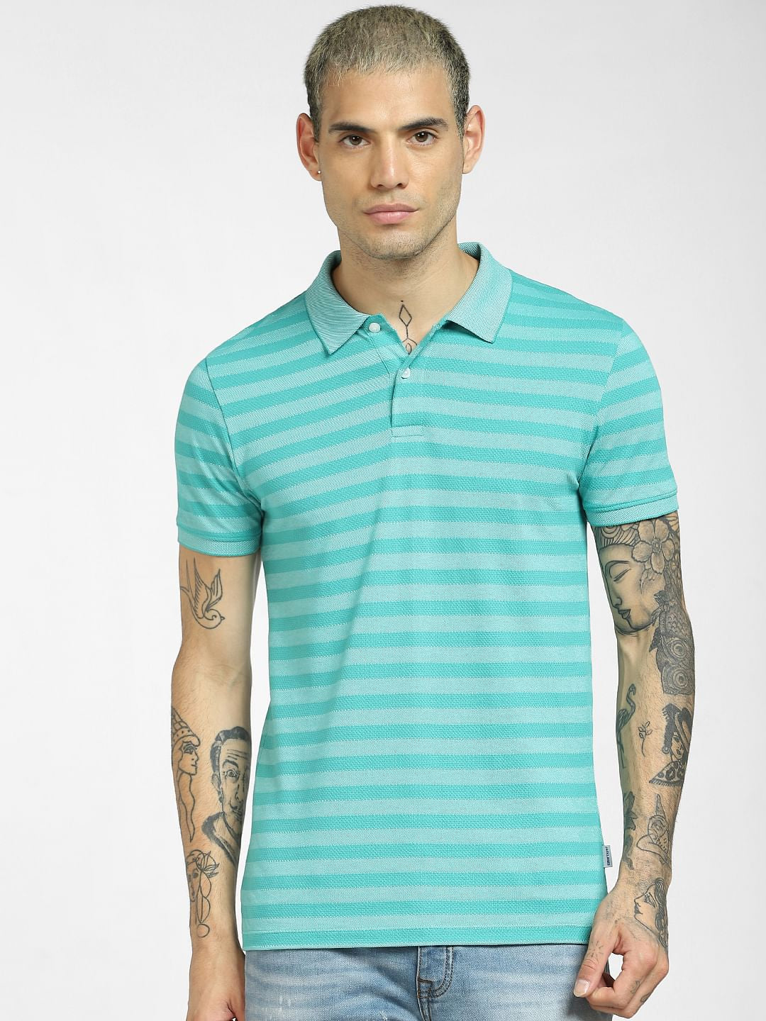 Green Striped Polo Neck T-shirt