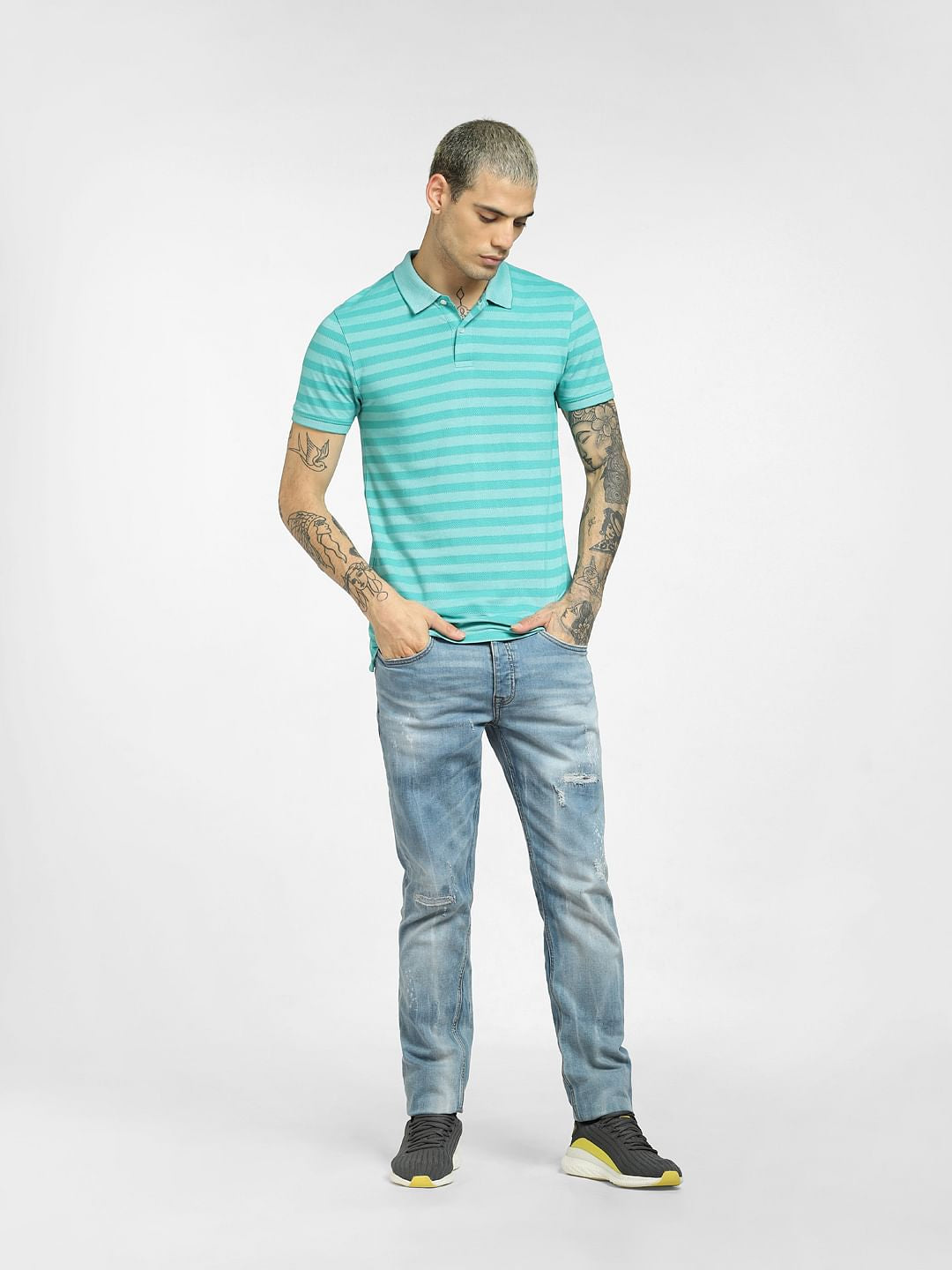 Green Striped Polo Neck T-shirt