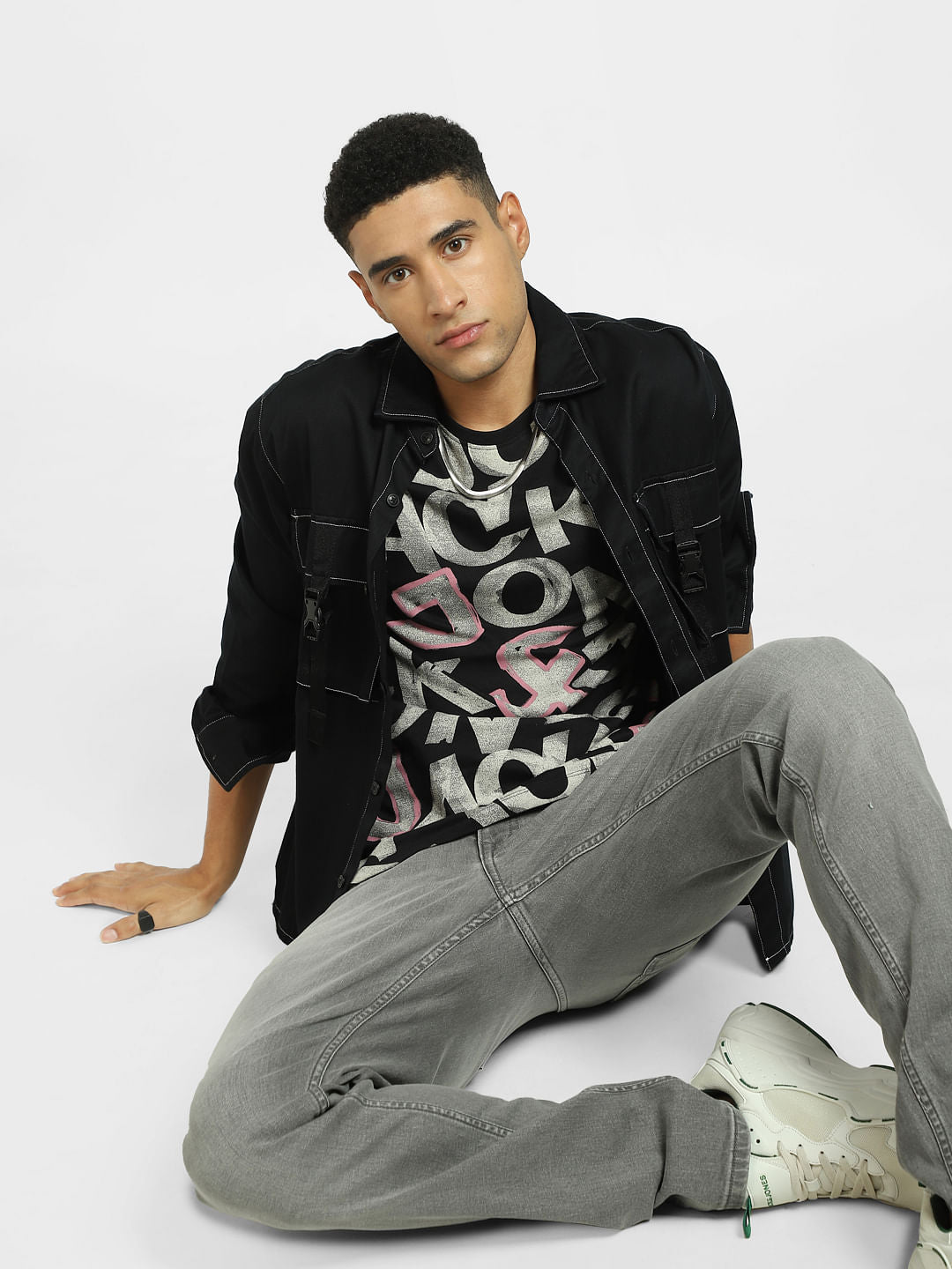 Black Logo Print Crew Neck T-shirt - S