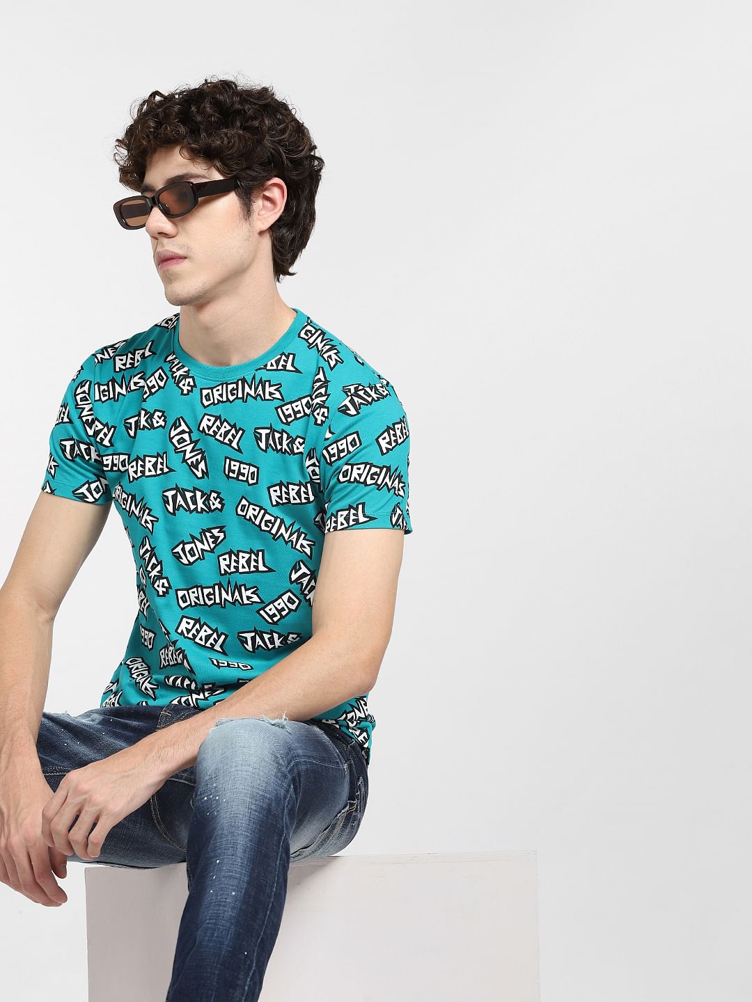 Teal Blue Printed Crew Neck T-shirt