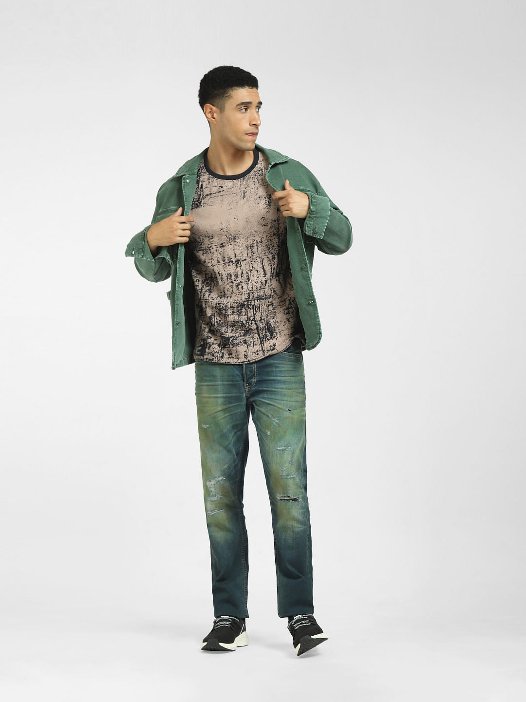 Brown Abstract Print Crew Neck T-shirt - S