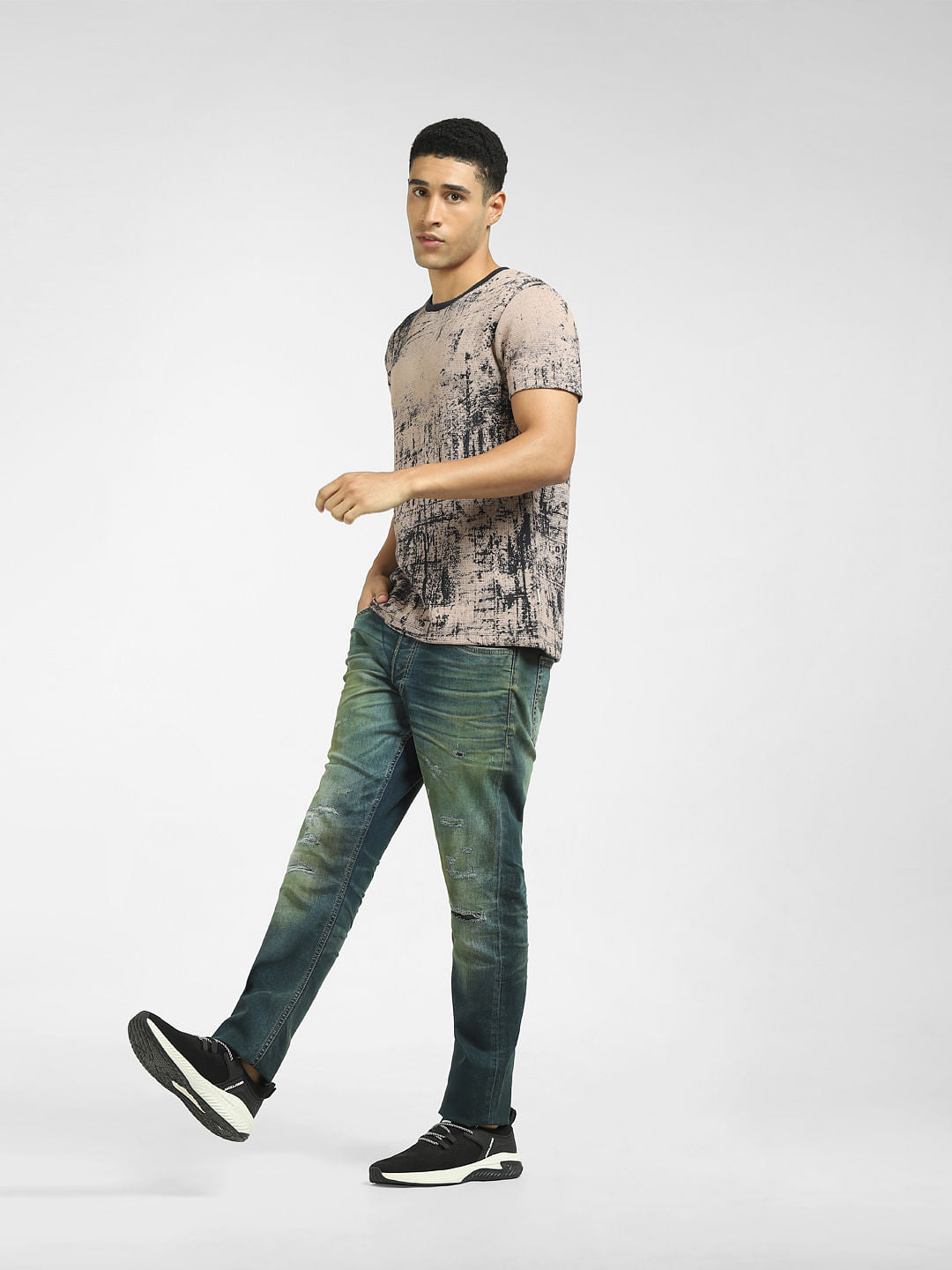 Brown Abstract Print Crew Neck T-shirt