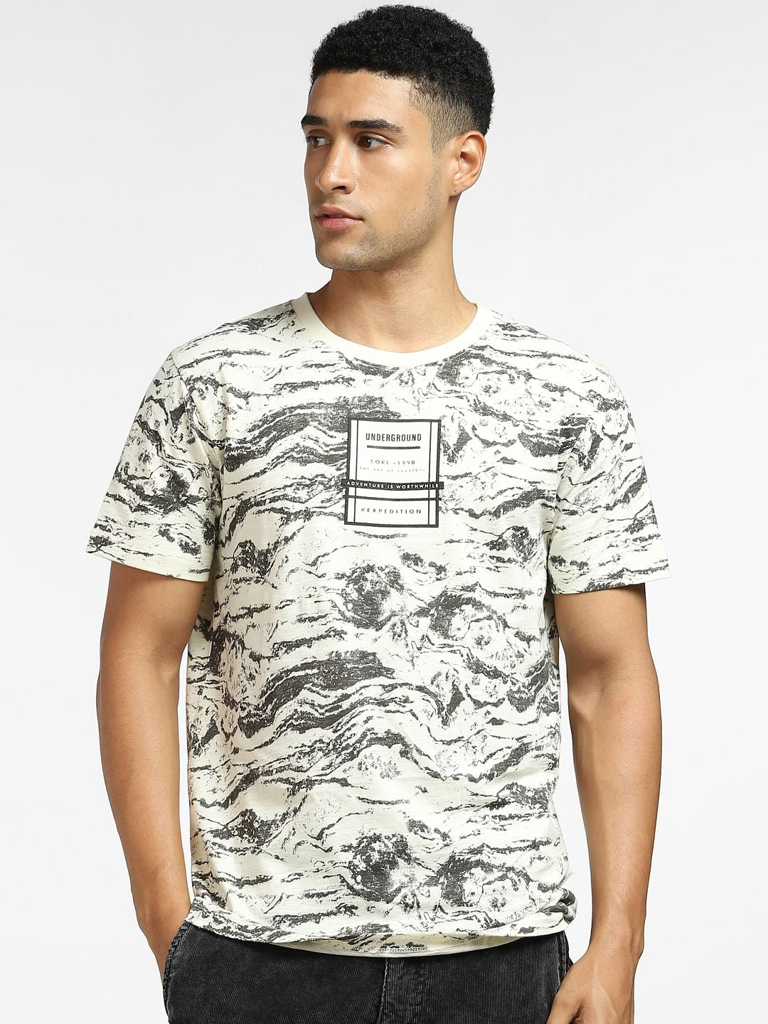 White Abstract Print Crew Neck T-shirt