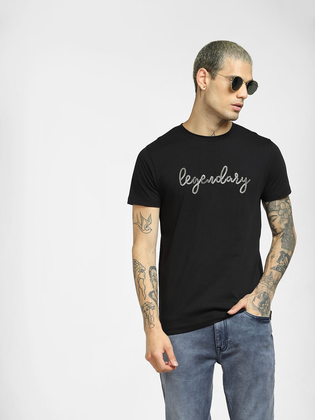 Black Embellished Print T-shirt - S