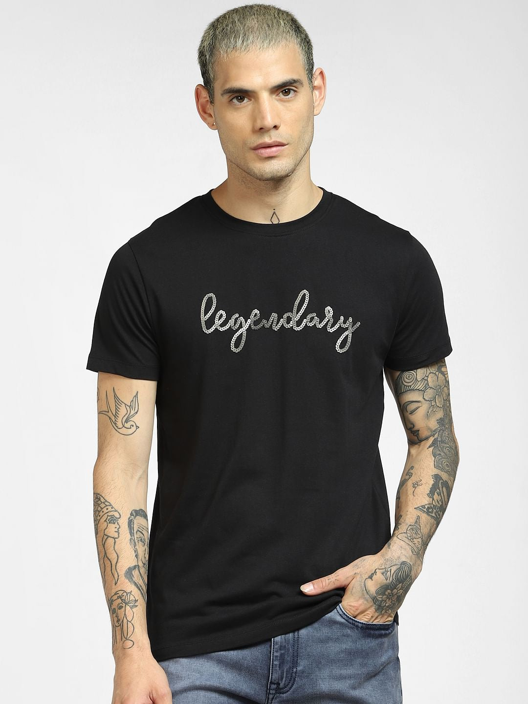 Black Embellished Print T-shirt