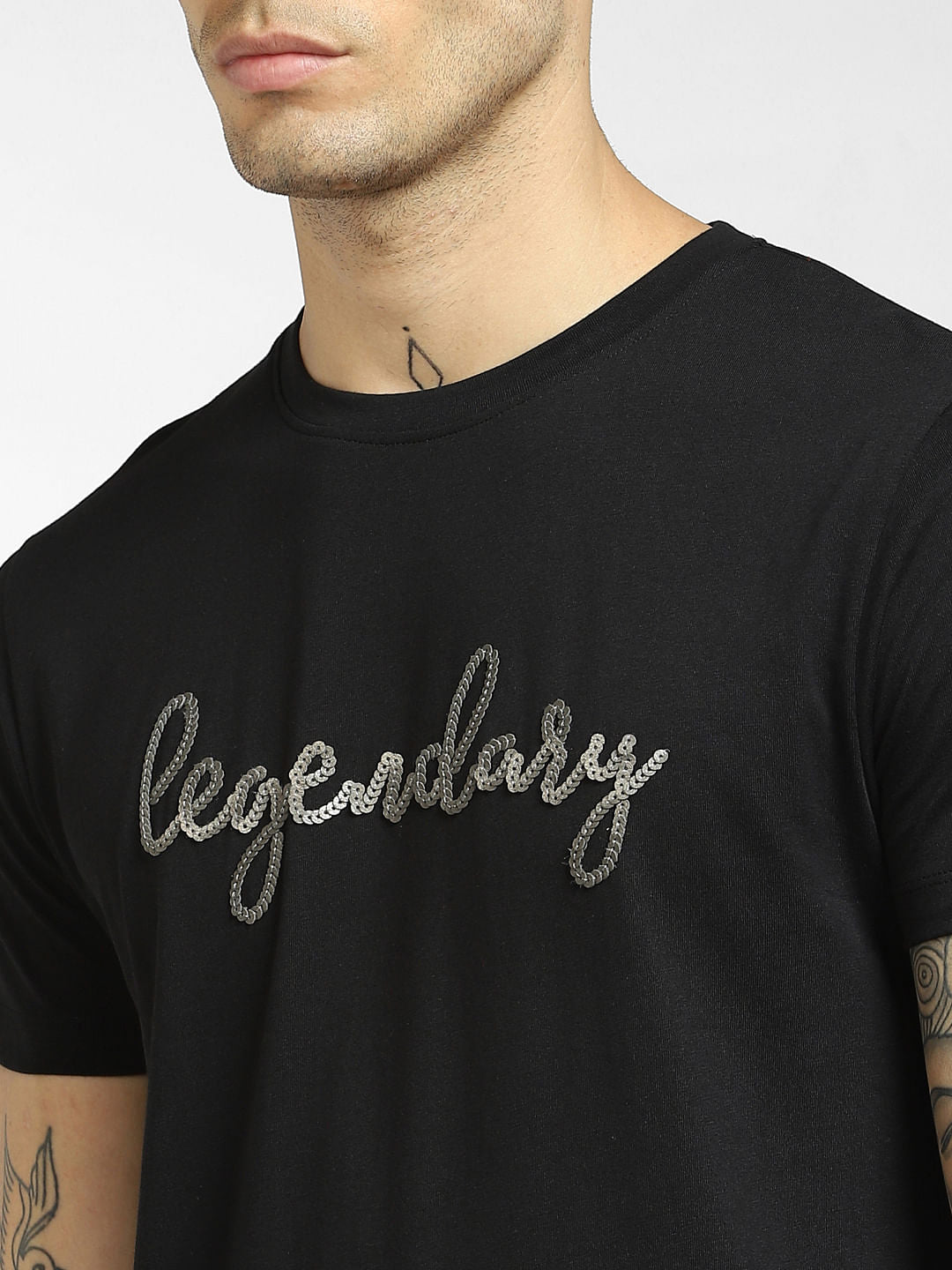 Black Embellished Print T-shirt