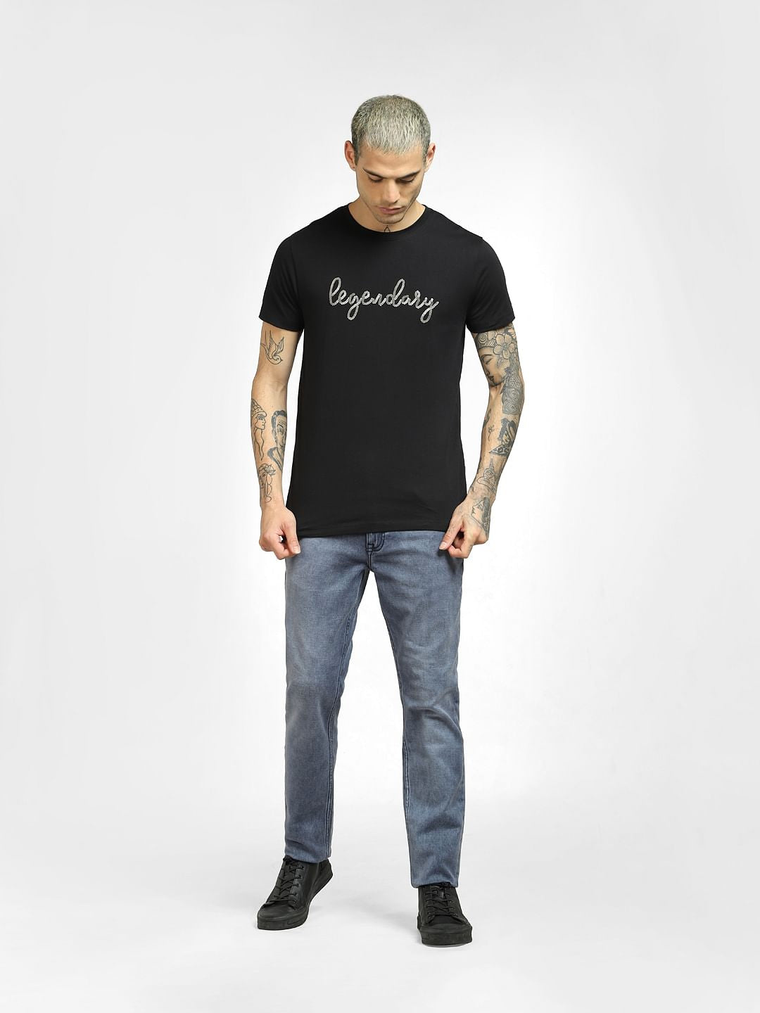 Black Embellished Print T-shirt