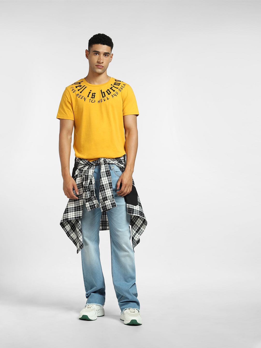 Yellow Typographic Print Crew Neck T-shirt - S