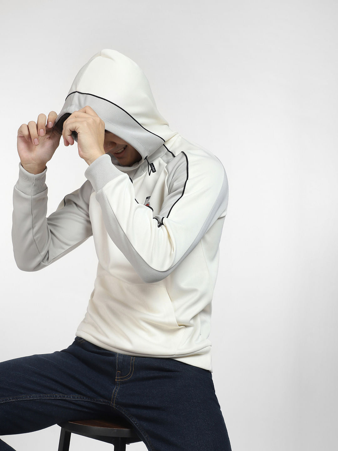 White Colourblocked Hooded Sweatshirt - S