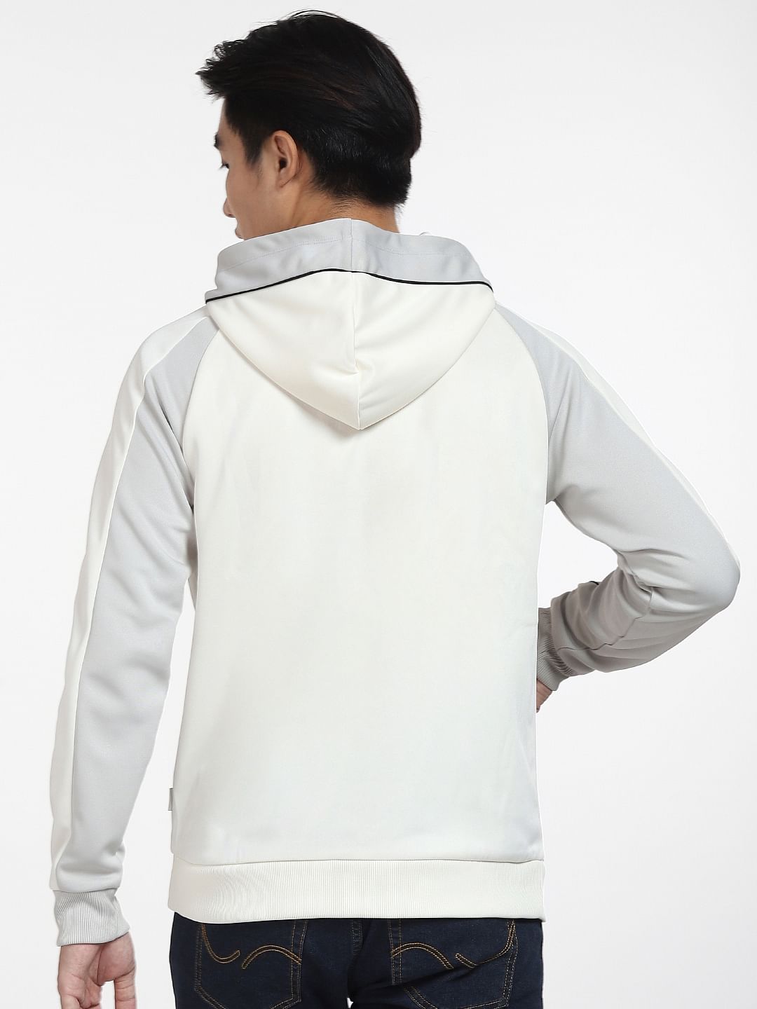 White Colourblocked Hooded Sweatshirt