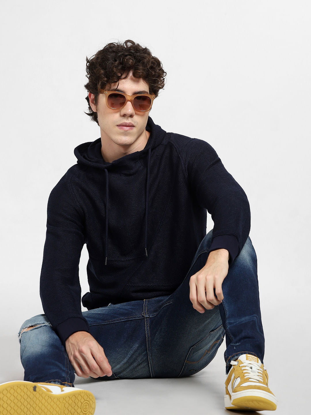 Navy Blue Textured Hooded Sweatshirt