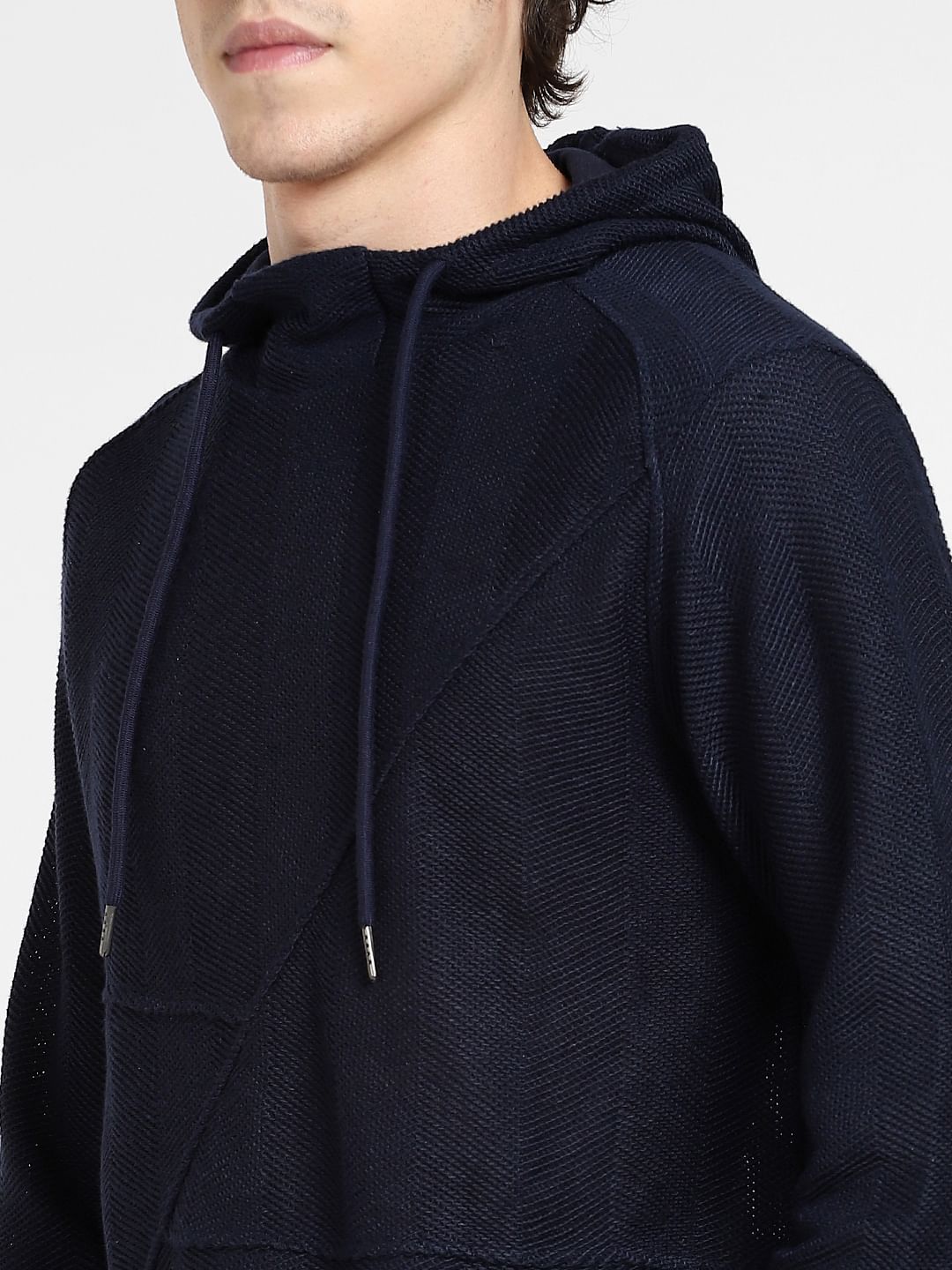 Navy Blue Textured Hooded Sweatshirt