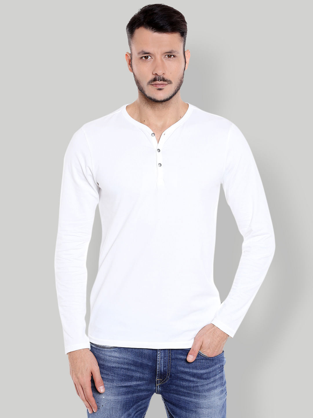 White Henley Neck T-shirt - S