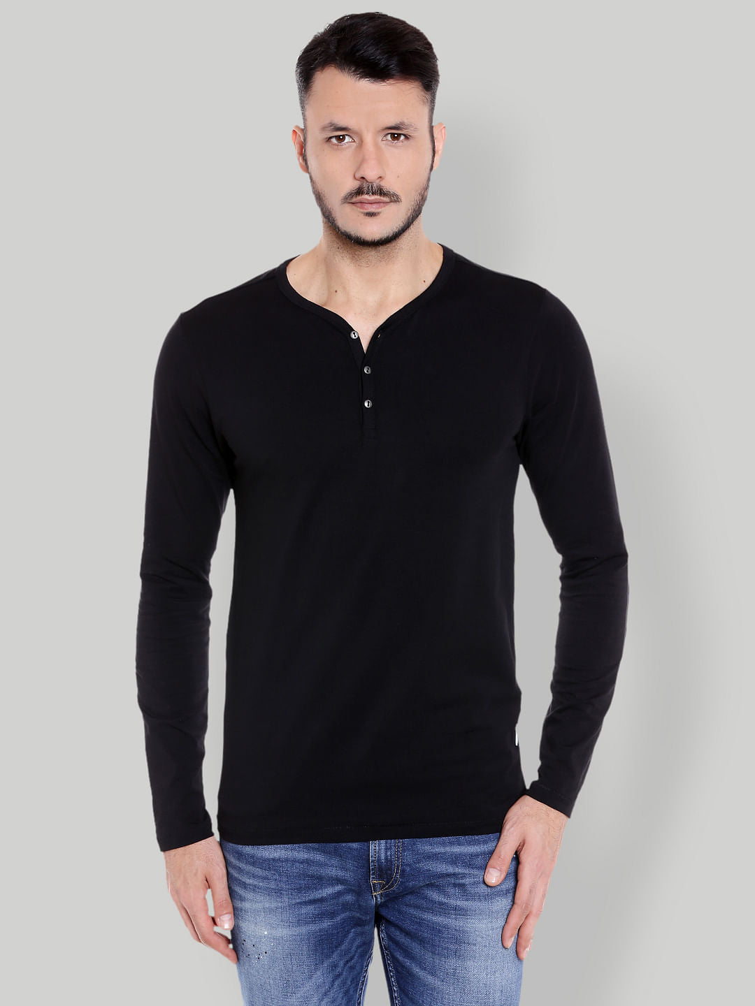 Black Henley Neck T-shirt - S