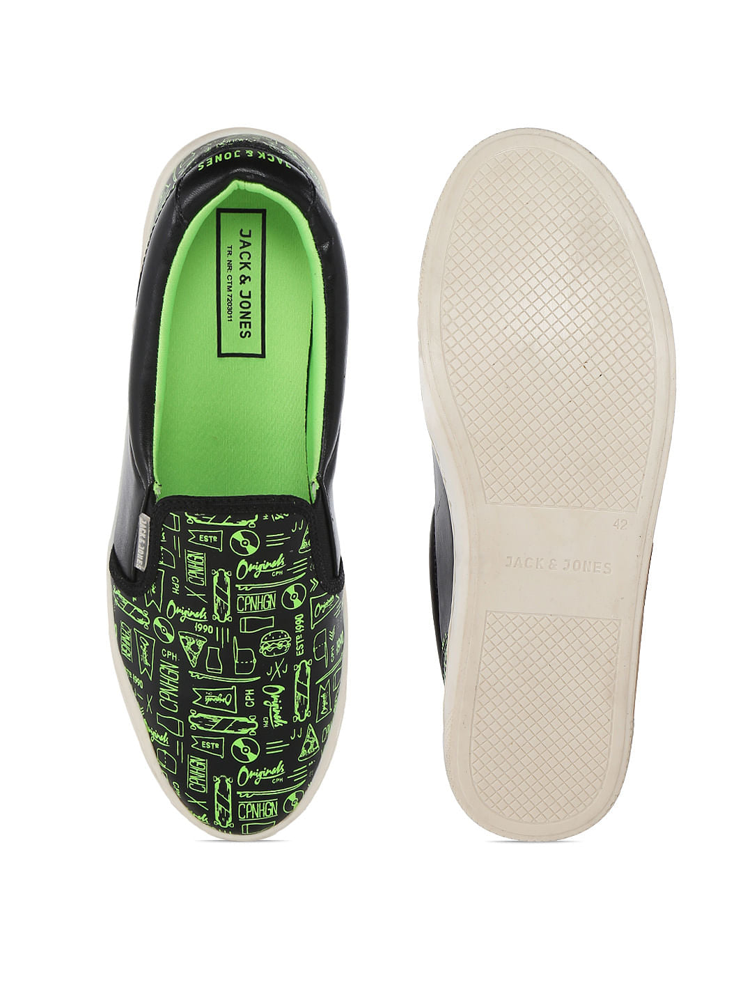 Neon Green Graphic Print Slip Ons
