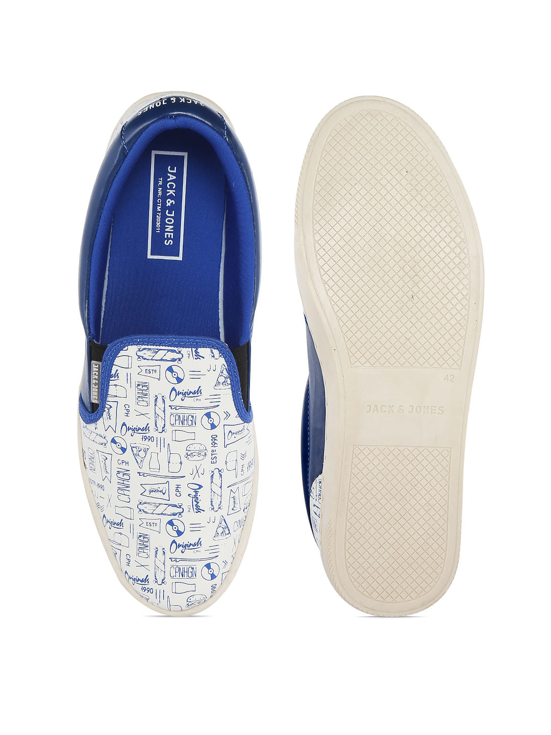 White Graphic Print Slip Ons
