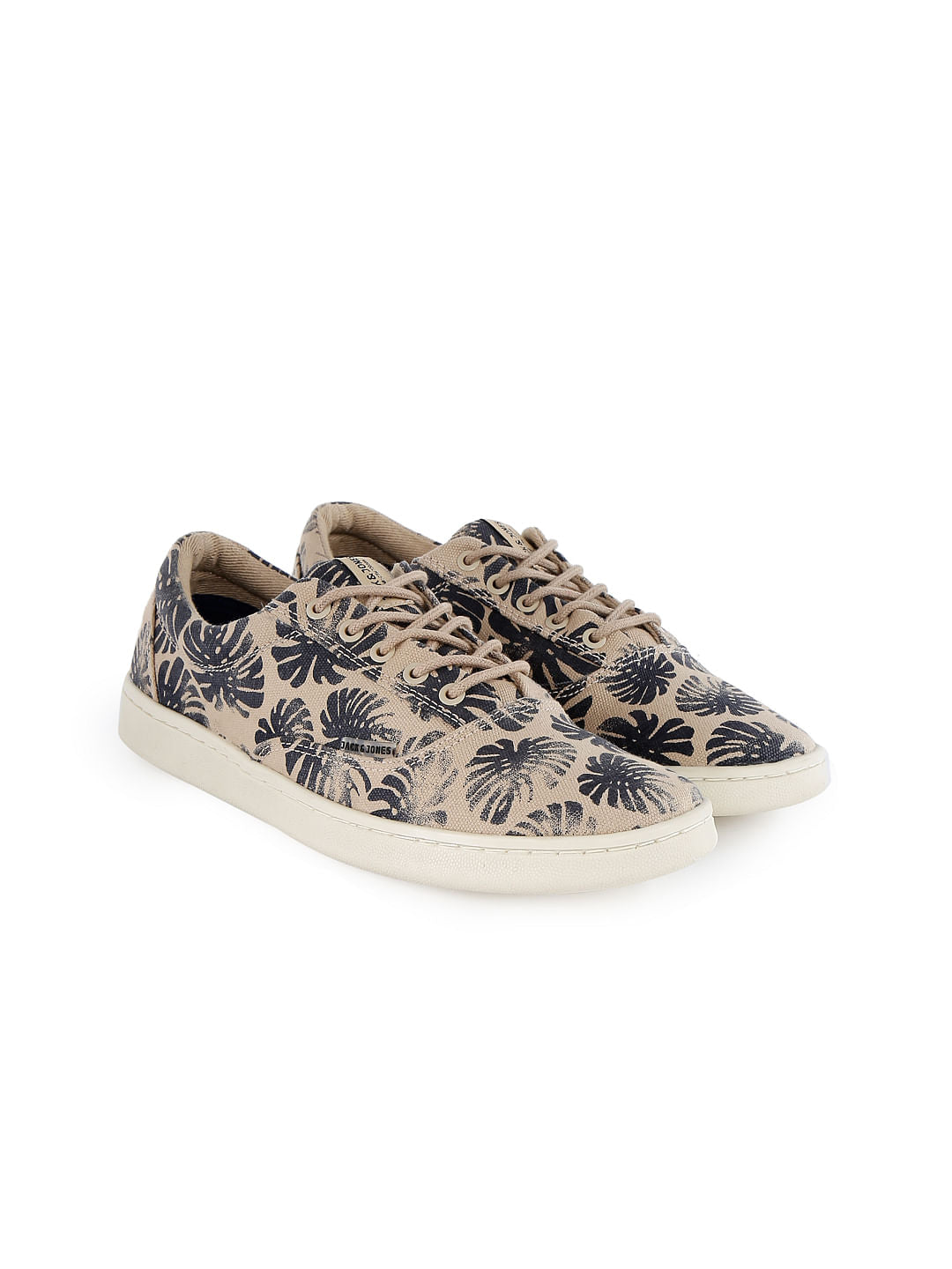 Beige And Black Printed Canvas Lace Up Sneakers
