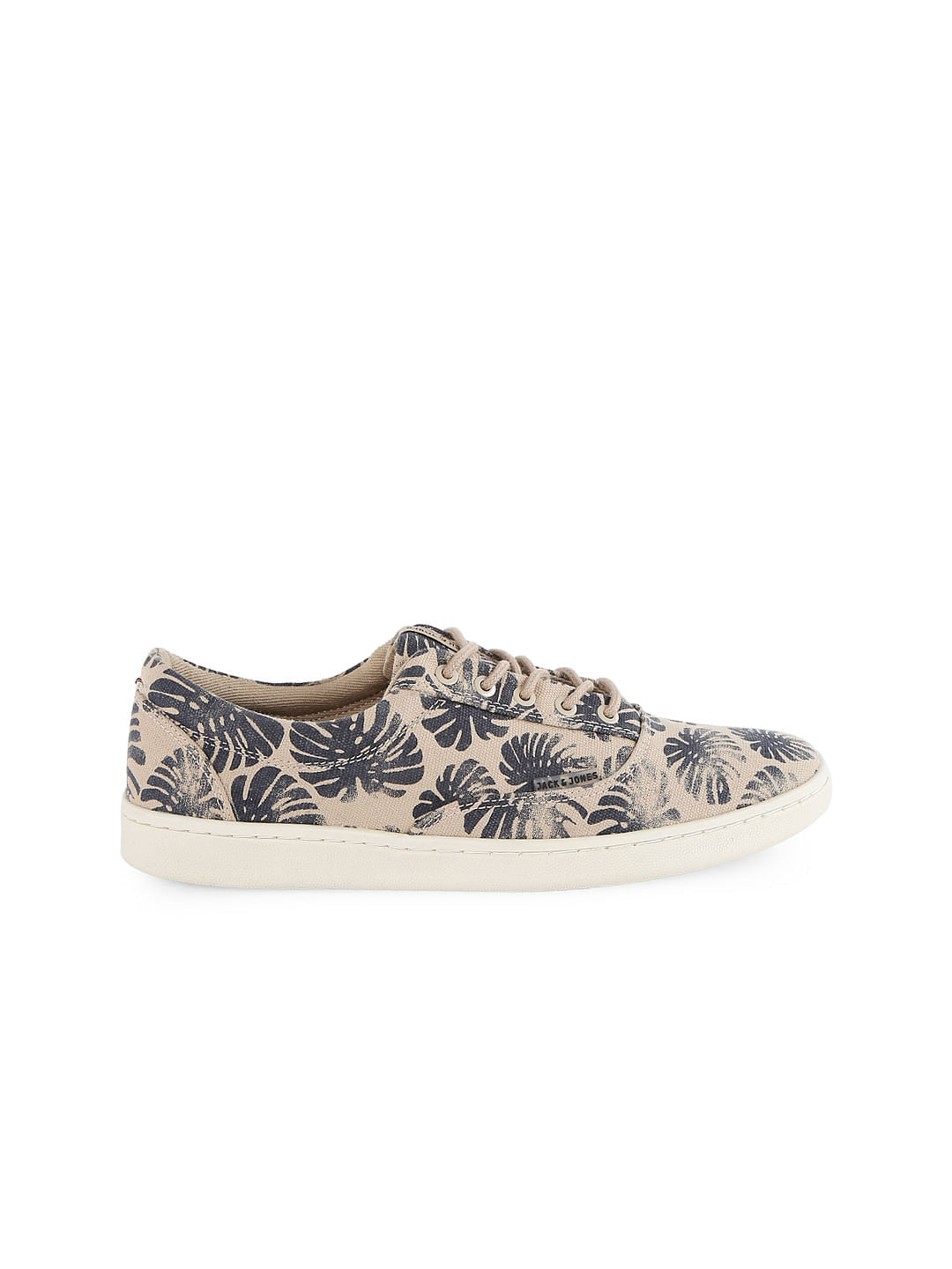 Beige And Black Printed Canvas Lace Up Sneakers - 6