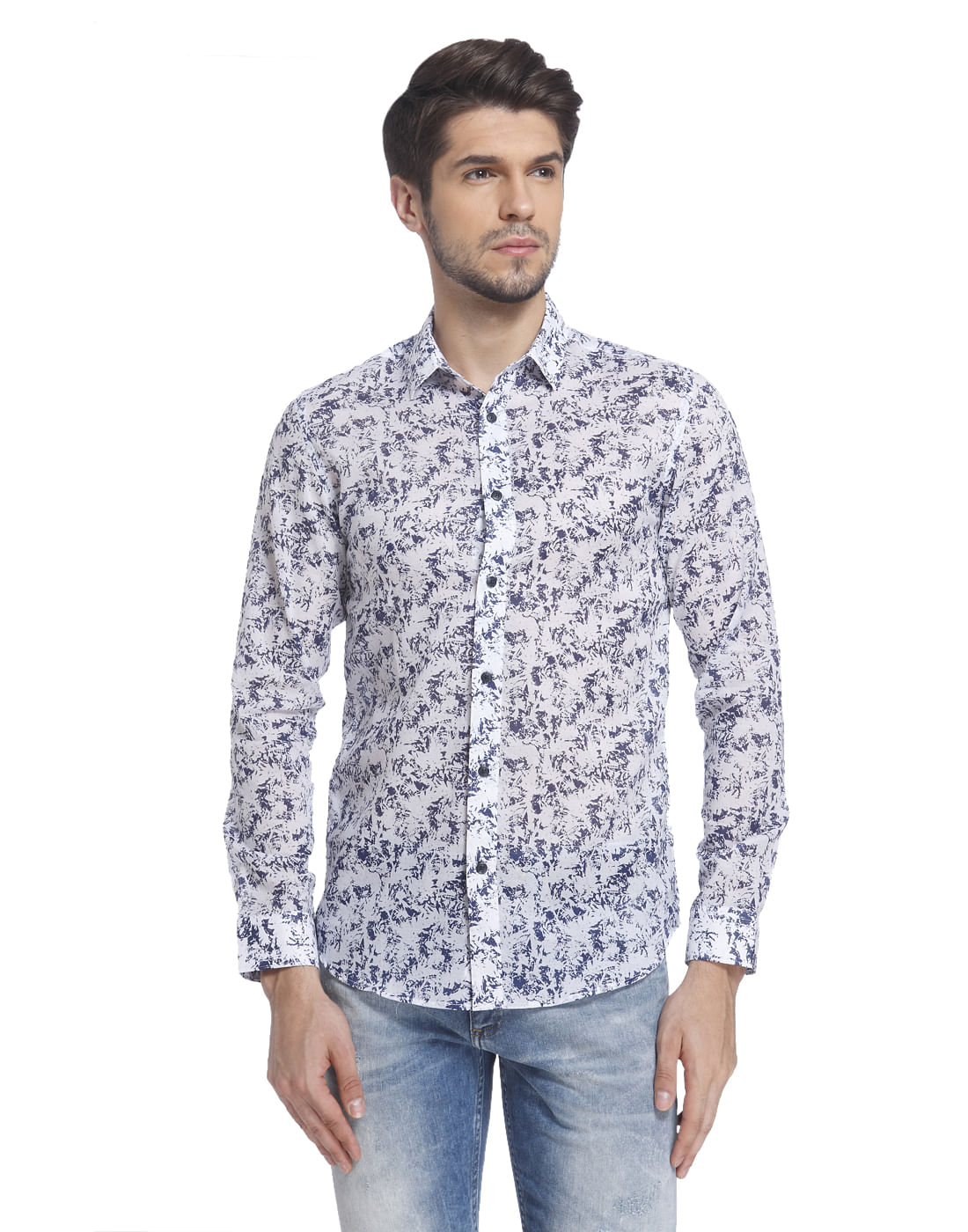 White Abstract Print Full Sleeves Shirt - S