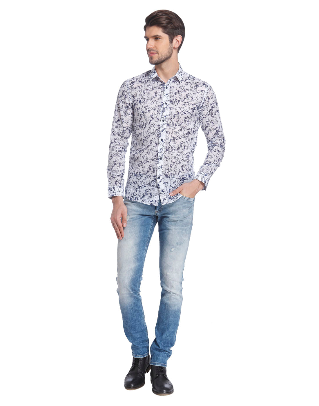 White Abstract Print Full Sleeves Shirt